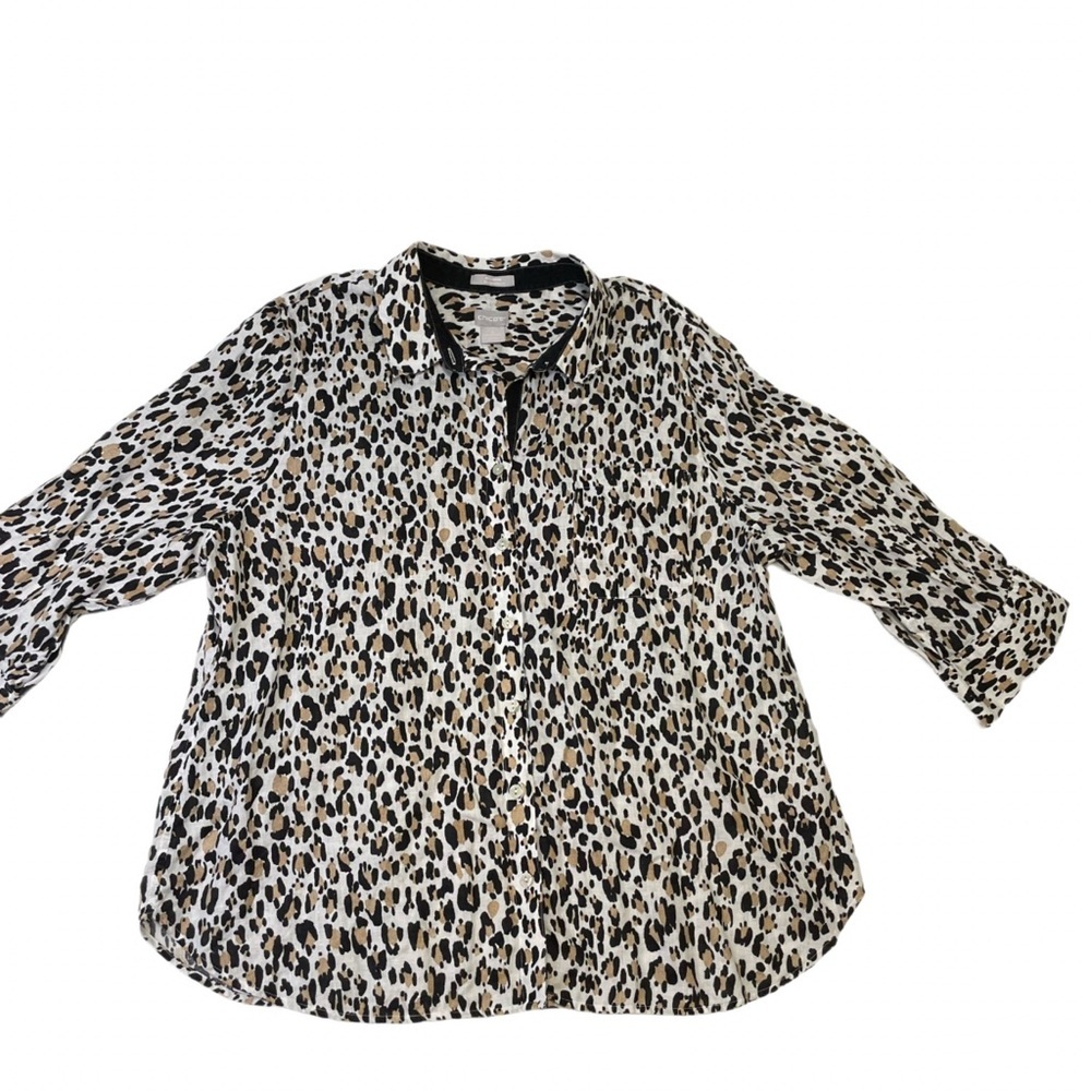 Chico's No-Iron FreshChic Linen Leopard Print Shirt Women's Sz 3 16/18 - Picture 3 of 8